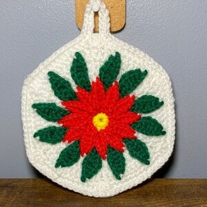 Festive Poinsettia Crochet Potholders Hot Plate Serving Decorative Set of TWO!